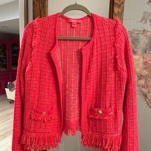 Lilly Pulitzer Simora Fringe Cardigan in Spicy Coral Exotic Tweed